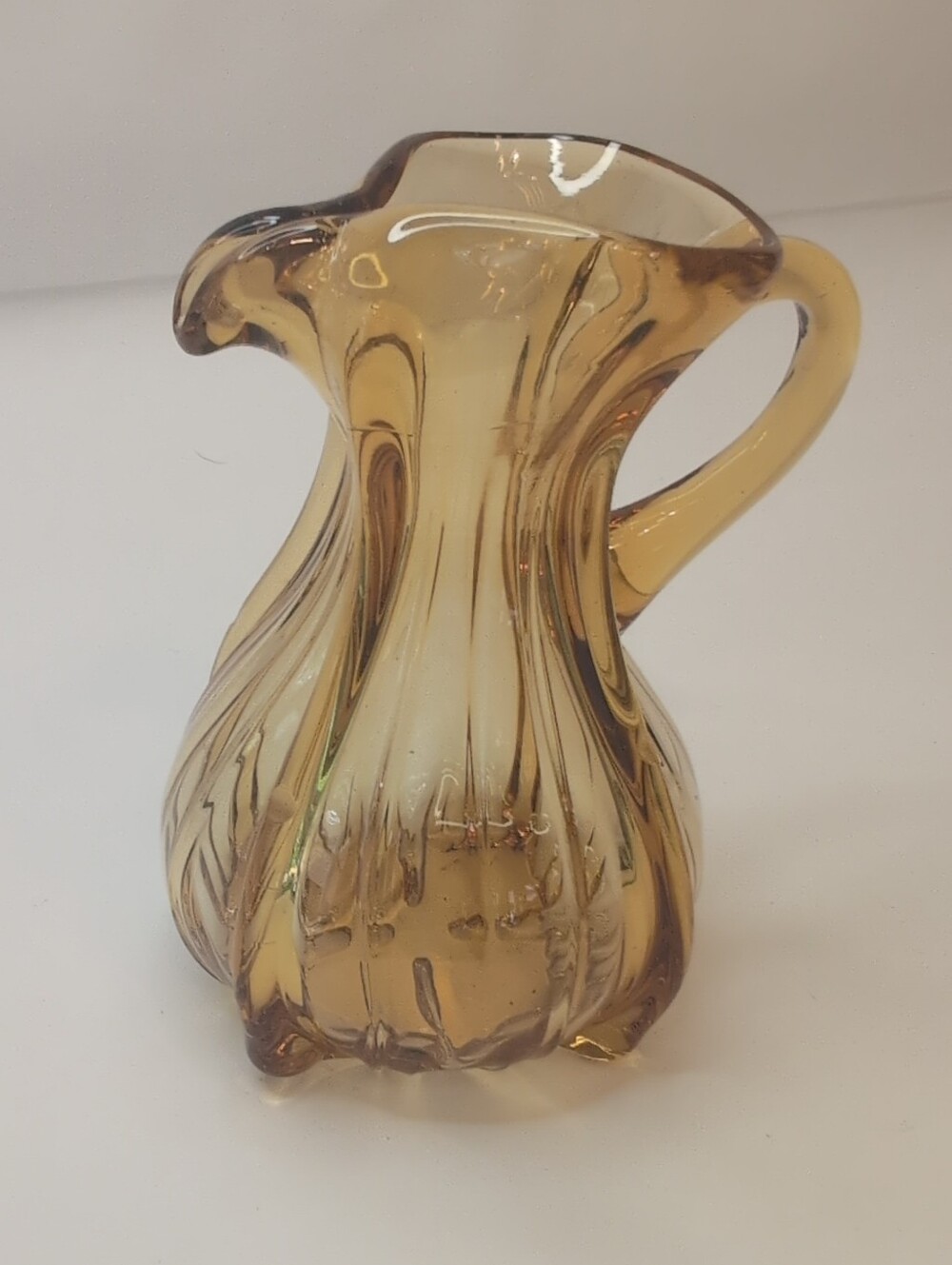 Vintage Amber Mini Pitcher With Vertical Rubbing And Handle